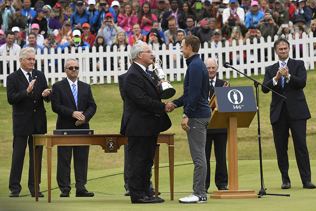 Jordan Spieth receives the Claret Jug at Royal Birkdale